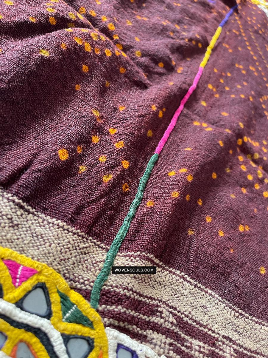 1689 Deep Maroon Rabari Ludhi Wedding Shawl Tie-dye & Embroidery 11 Florets-WOVENSOULS Antique Textiles & Art Gallery