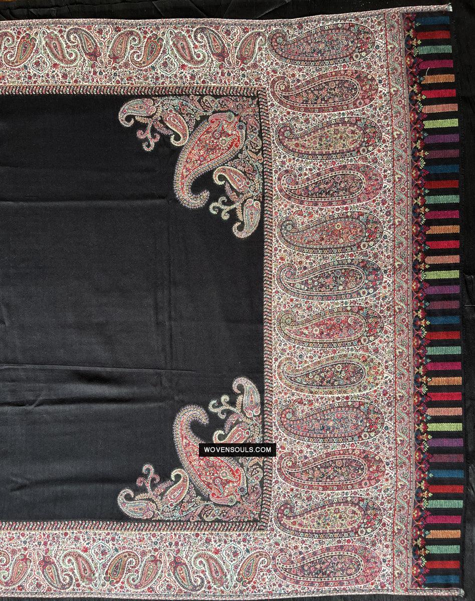 1695 Black Boteh Shawl from Kashmir - Recently Made-WOVENSOULS Antique Textiles & Art Gallery
