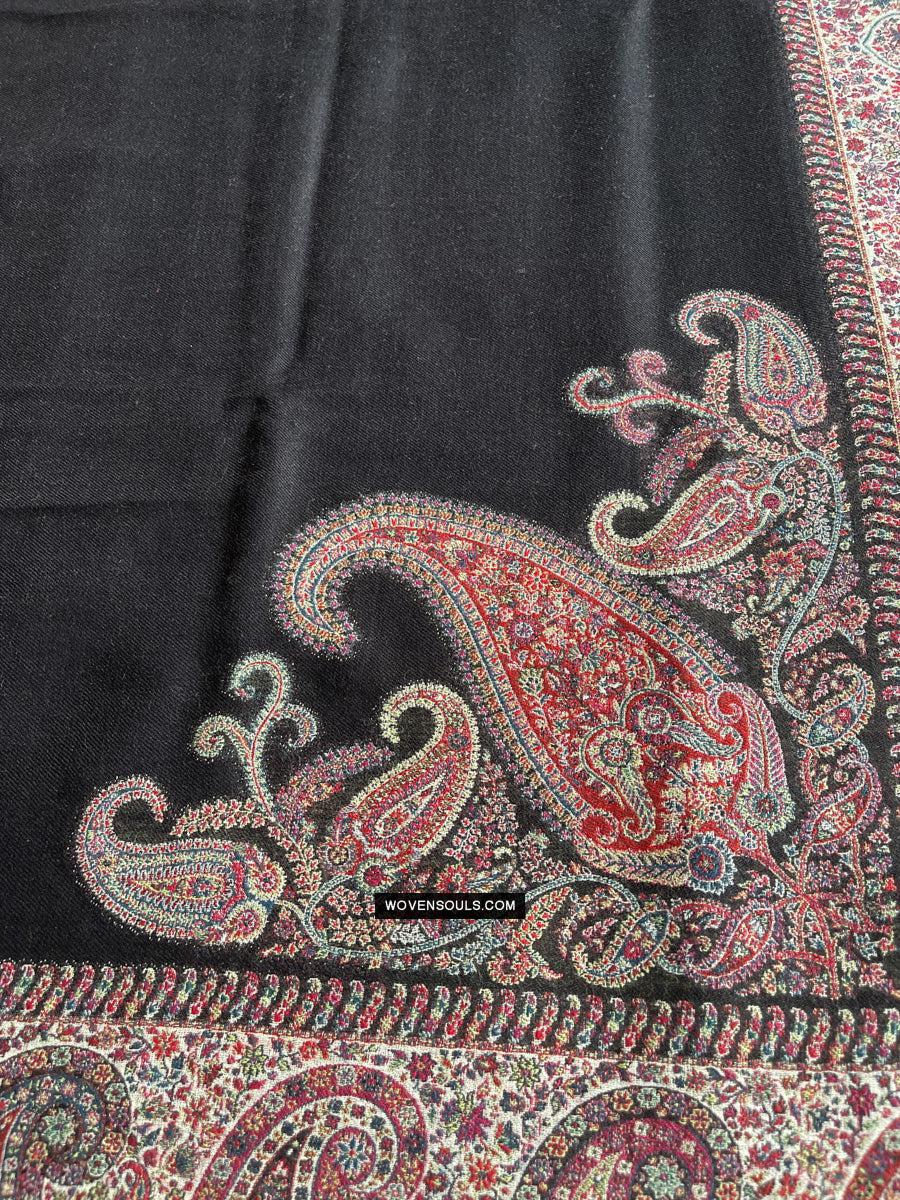 1695 Black Boteh Shawl from Kashmir - Recently Made-WOVENSOULS Antique Textiles & Art Gallery