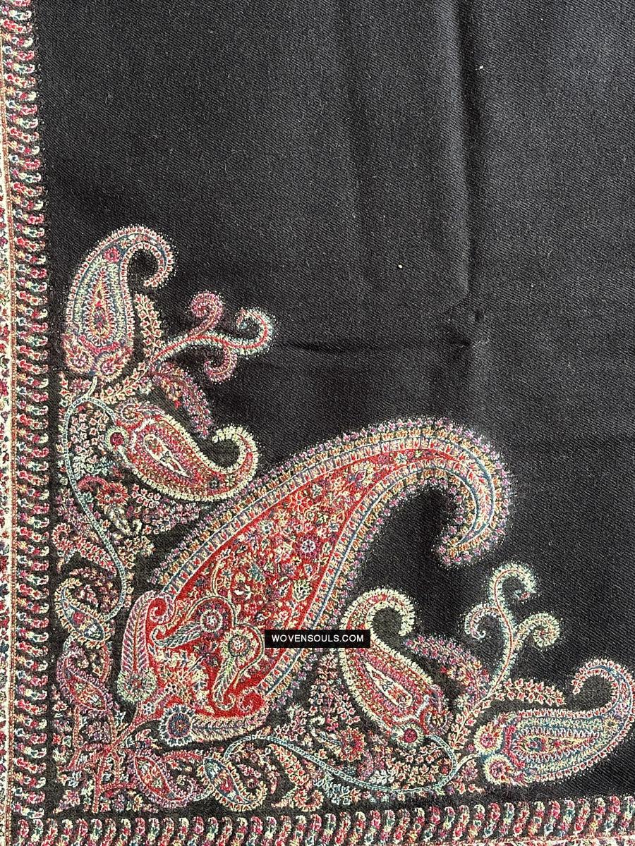 1695 Black Boteh Shawl from Kashmir - Recently Made-WOVENSOULS Antique Textiles & Art Gallery