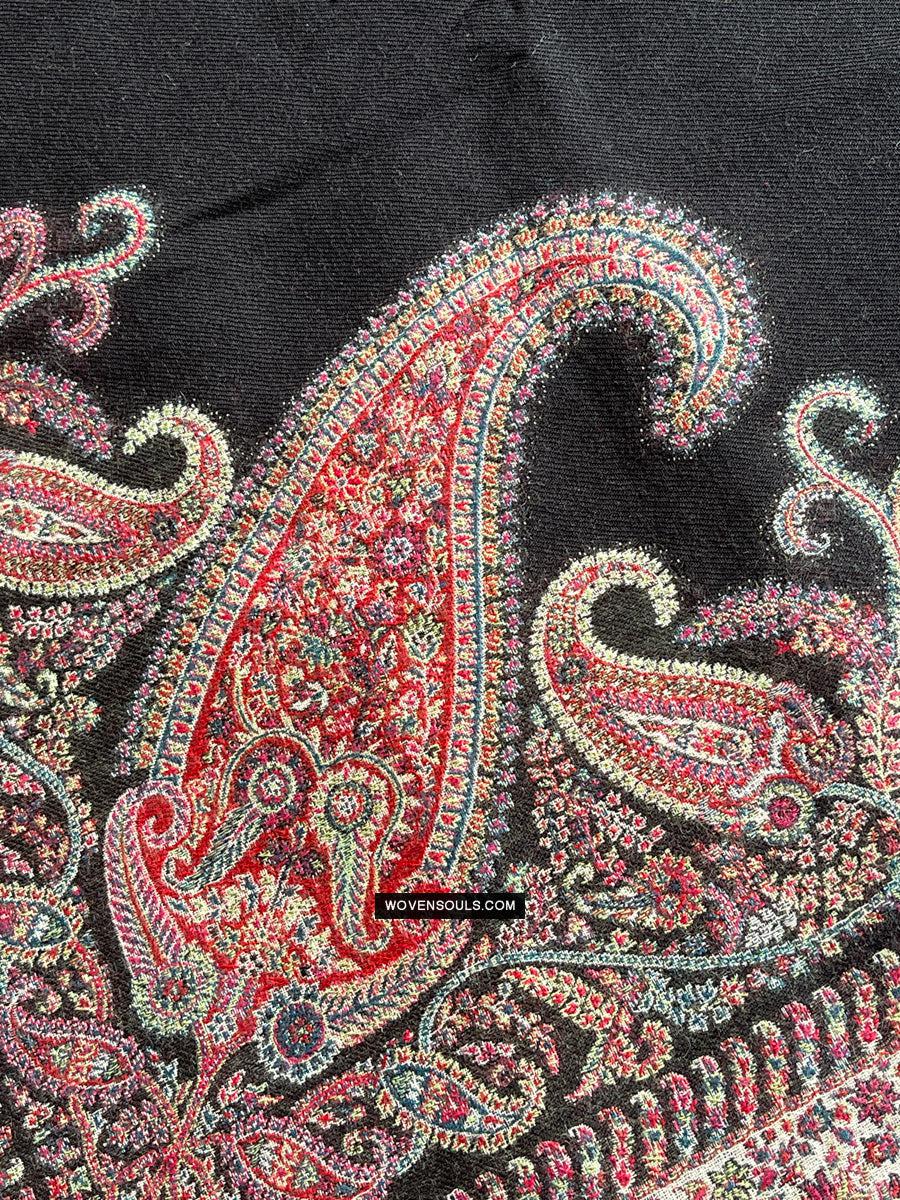 1695 Black Boteh Shawl from Kashmir - Recently Made-WOVENSOULS Antique Textiles & Art Gallery