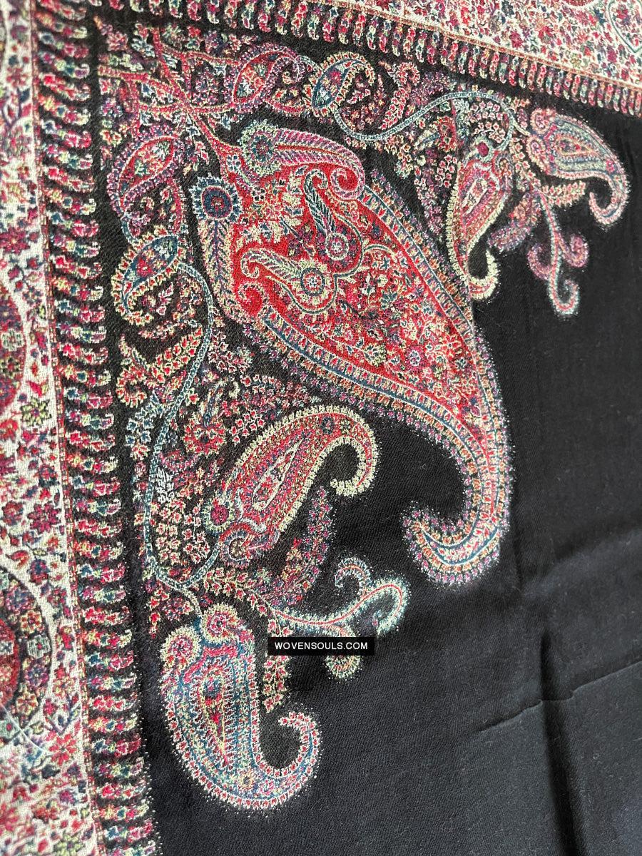 1695 Black Boteh Shawl from Kashmir - Recently Made-WOVENSOULS Antique Textiles & Art Gallery