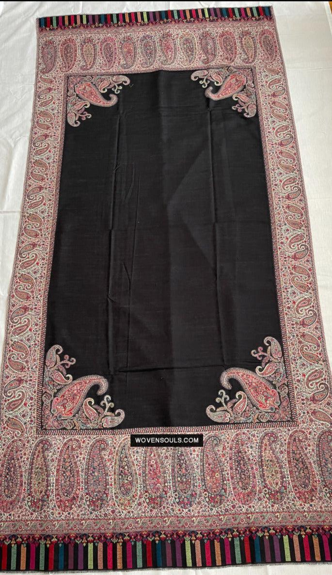1695 Black Boteh Shawl from Kashmir - Recently Made-WOVENSOULS Antique Textiles & Art Gallery