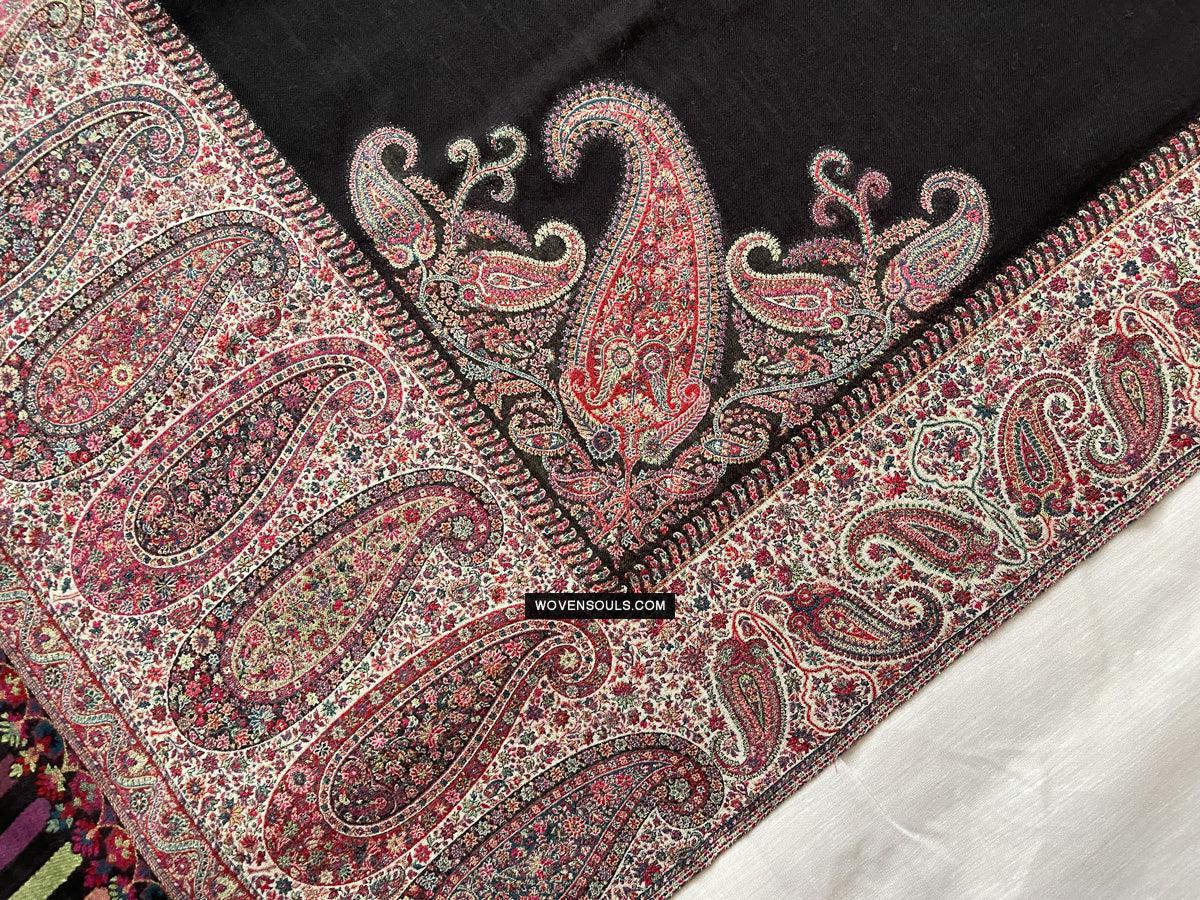1695 Black Boteh Shawl from Kashmir - Recently Made-WOVENSOULS Antique Textiles & Art Gallery