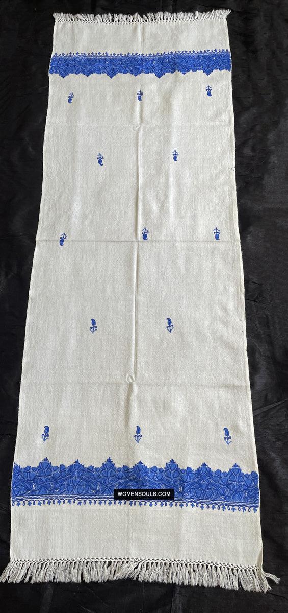 1698 White Embroidered Stole Shawl from Kashmir-WOVENSOULS Antique Textiles & Art Gallery