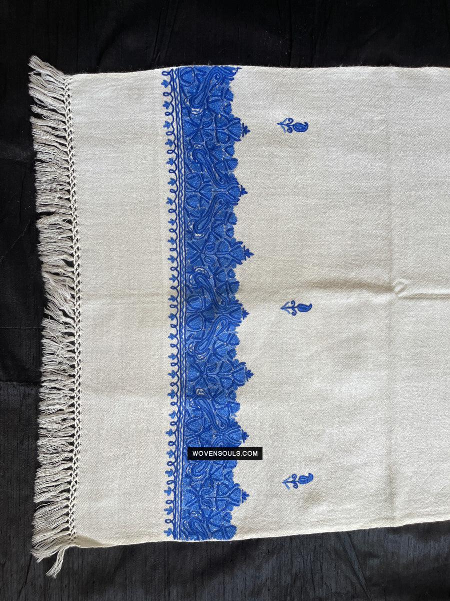 1698 White Embroidered Stole Shawl from Kashmir-WOVENSOULS Antique Textiles & Art Gallery