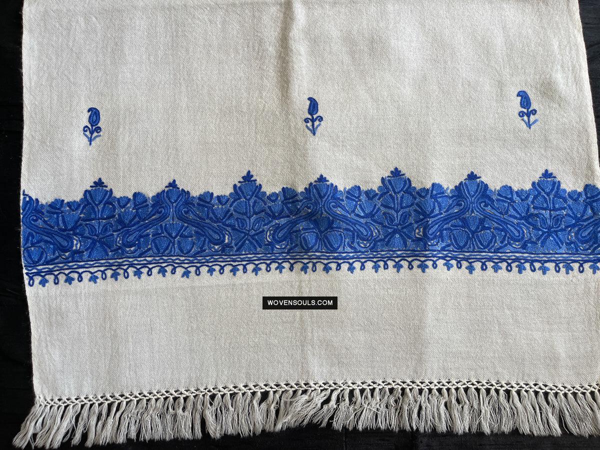1698 White Embroidered Stole Shawl from Kashmir-WOVENSOULS Antique Textiles & Art Gallery