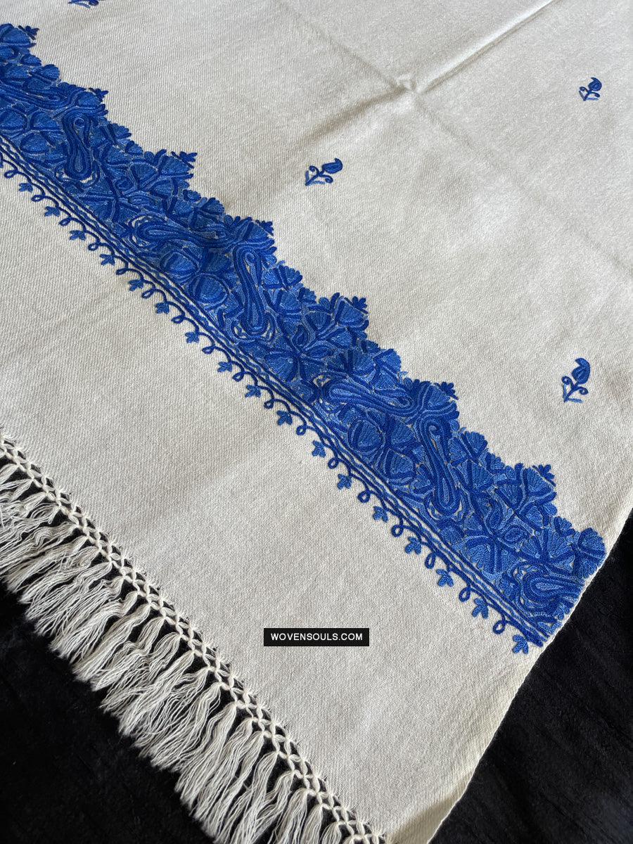 1698 White Embroidered Stole Shawl from Kashmir-WOVENSOULS Antique Textiles & Art Gallery
