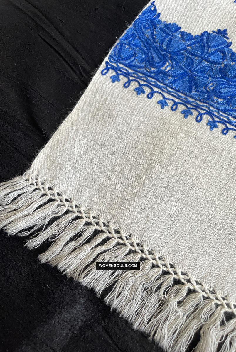 1698 White Embroidered Stole Shawl from Kashmir-WOVENSOULS Antique Textiles & Art Gallery
