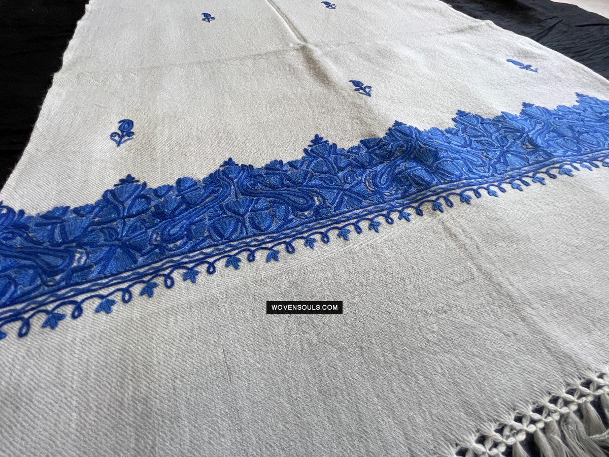 1698 White Embroidered Stole Shawl from Kashmir-WOVENSOULS Antique Textiles & Art Gallery