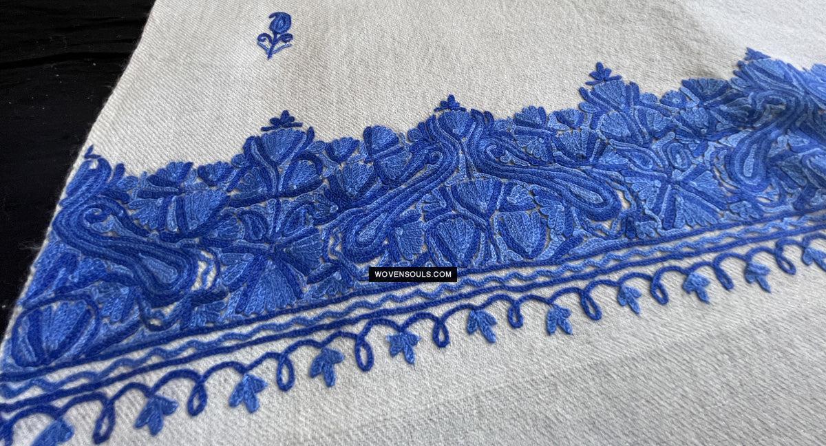 1698 White Embroidered Stole Shawl from Kashmir-WOVENSOULS Antique Textiles & Art Gallery