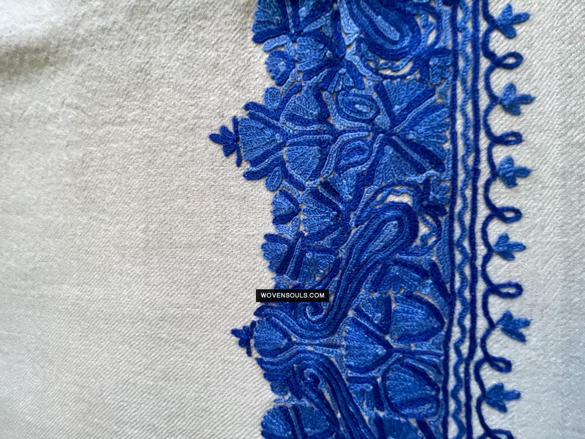 1698 White Embroidered Stole Shawl from Kashmir-WOVENSOULS Antique Textiles & Art Gallery
