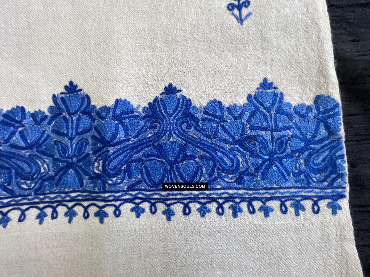 1698 White Embroidered Stole Shawl from Kashmir-WOVENSOULS Antique Textiles & Art Gallery