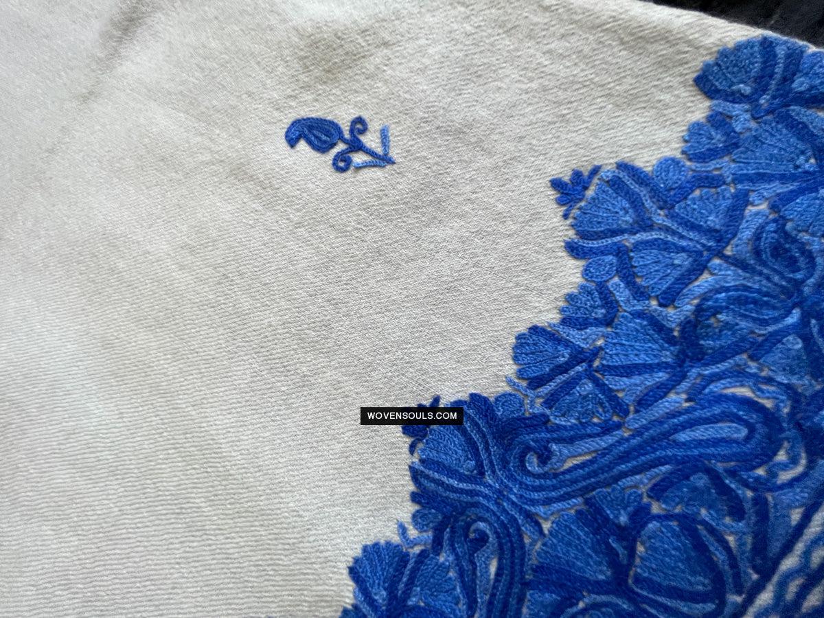 1698 White Embroidered Stole Shawl from Kashmir-WOVENSOULS Antique Textiles & Art Gallery