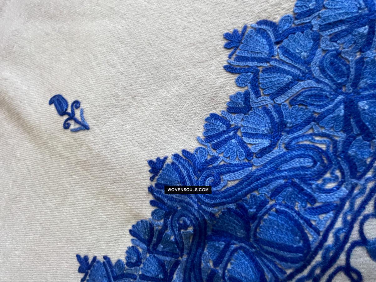 1698 White Embroidered Stole Shawl from Kashmir-WOVENSOULS Antique Textiles & Art Gallery