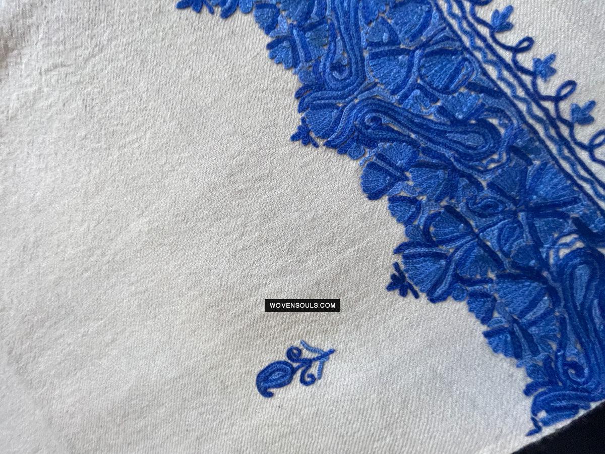1698 White Embroidered Stole Shawl from Kashmir-WOVENSOULS Antique Textiles & Art Gallery