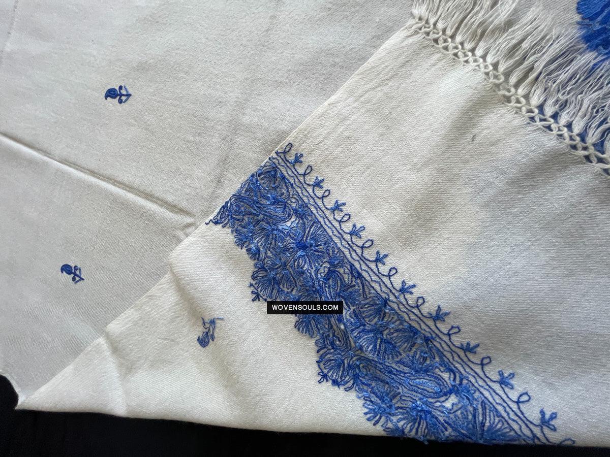1698 White Embroidered Stole Shawl from Kashmir-WOVENSOULS Antique Textiles & Art Gallery