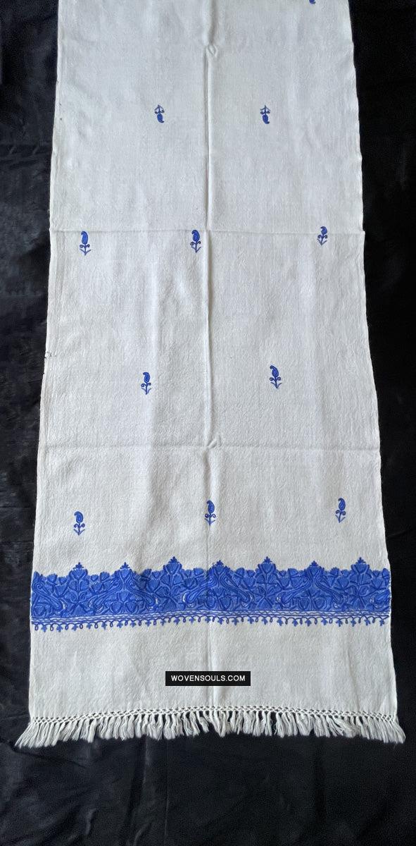 1698 White Embroidered Stole Shawl from Kashmir-WOVENSOULS Antique Textiles & Art Gallery