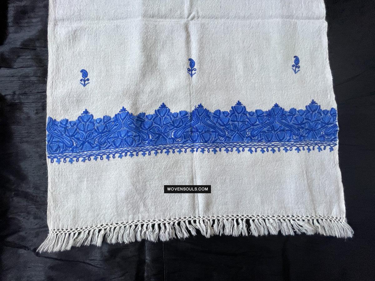 1698 White Embroidered Stole Shawl from Kashmir-WOVENSOULS Antique Textiles & Art Gallery