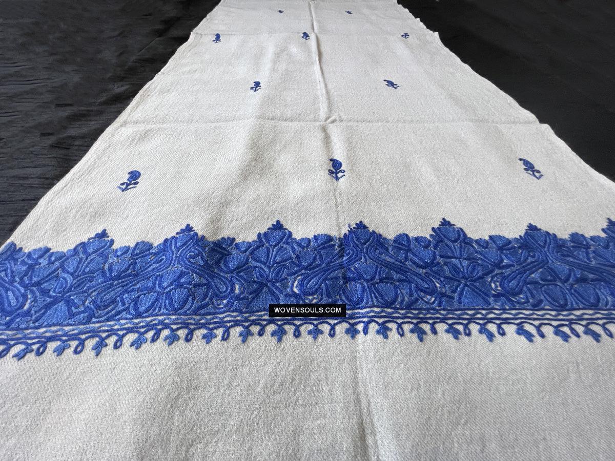 1698 White Embroidered Stole Shawl from Kashmir-WOVENSOULS Antique Textiles & Art Gallery