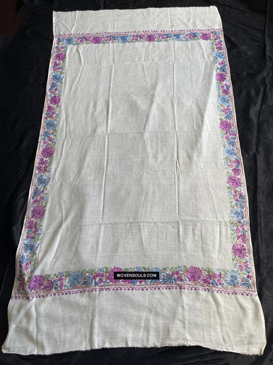 1699 White Embroidered Stole Shawl from Kashmir-WOVENSOULS Antique Textiles & Art Gallery