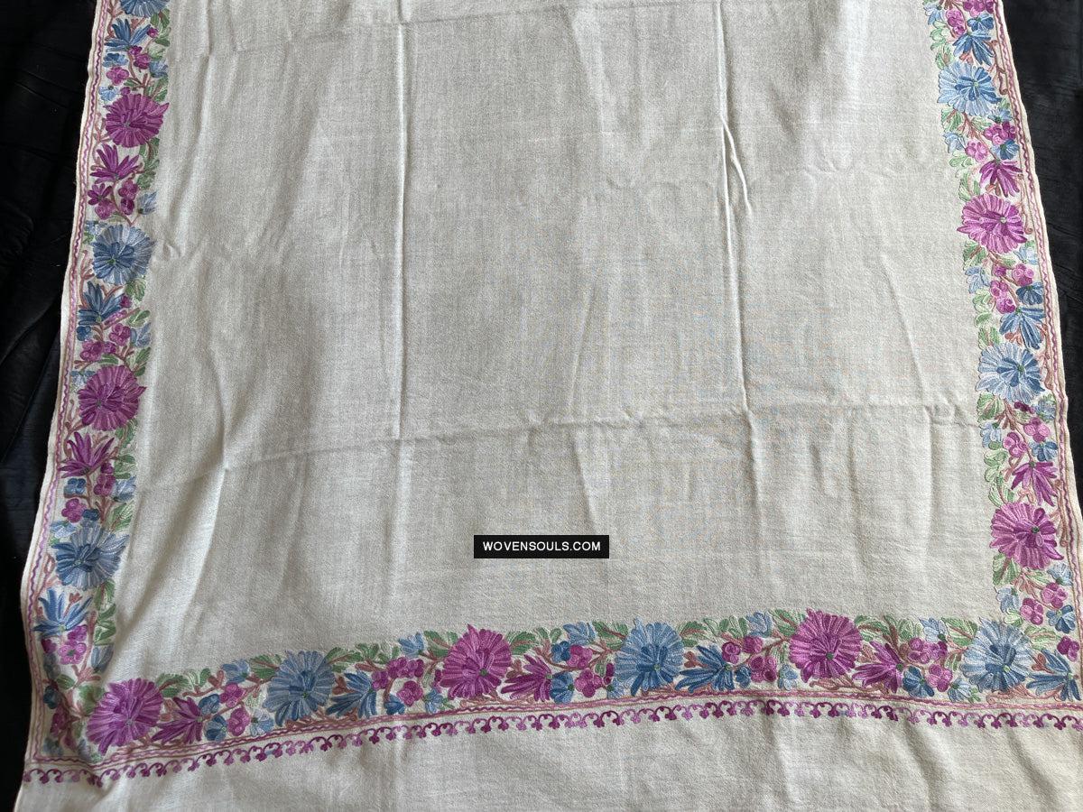 1699 White Embroidered Stole Shawl from Kashmir-WOVENSOULS Antique Textiles & Art Gallery