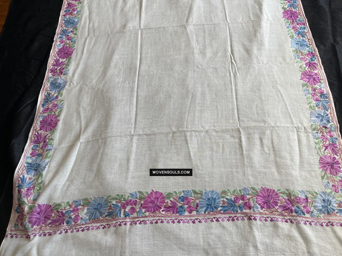 1699 White Embroidered Stole Shawl from Kashmir-WOVENSOULS Antique Textiles & Art Gallery