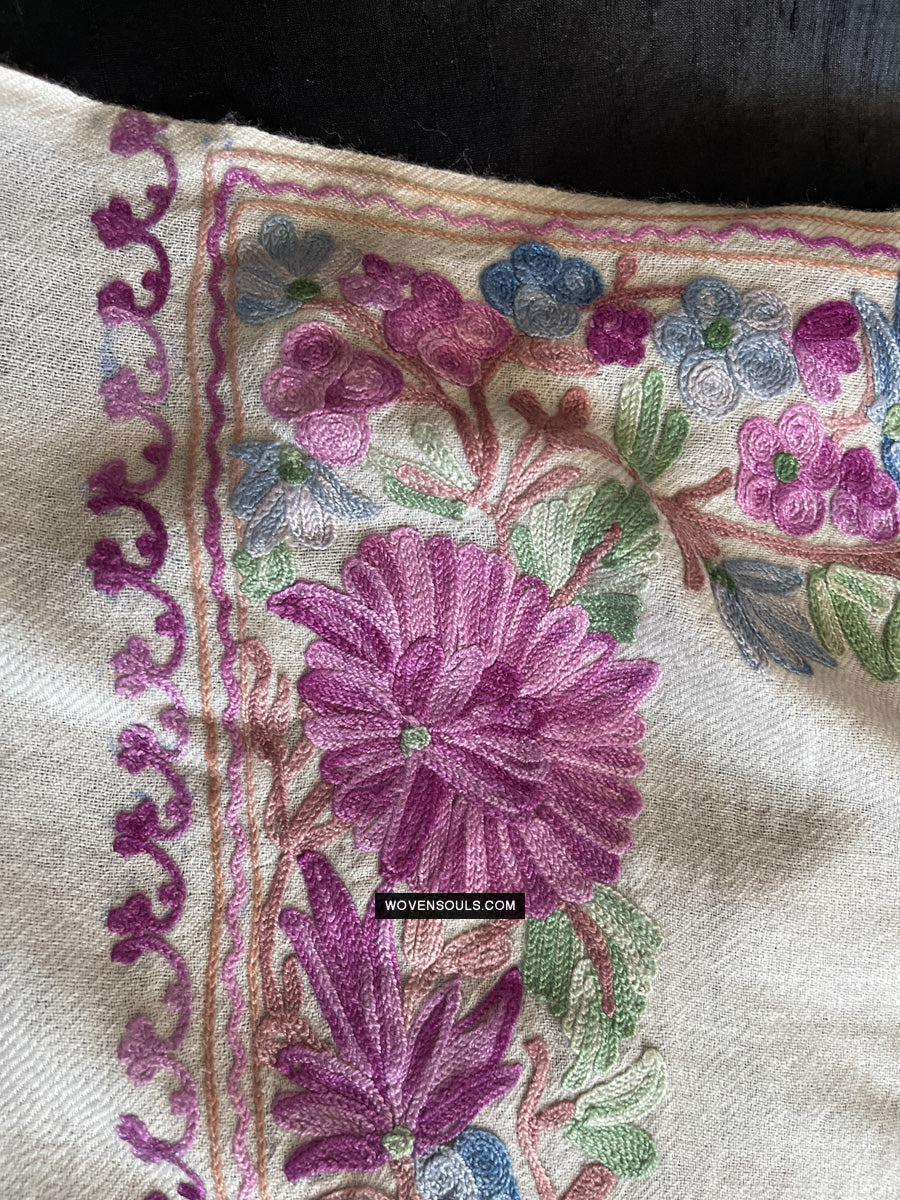 1699 White Embroidered Stole Shawl from Kashmir-WOVENSOULS Antique Textiles & Art Gallery