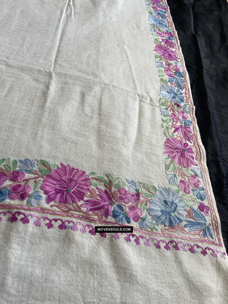 1699 White Embroidered Stole Shawl from Kashmir-WOVENSOULS Antique Textiles & Art Gallery