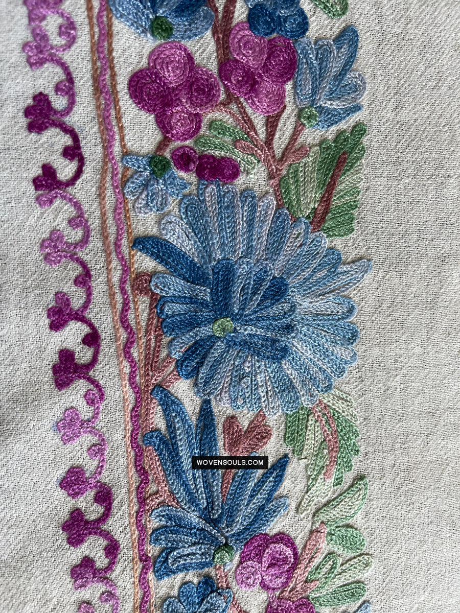 1699 White Embroidered Stole Shawl from Kashmir-WOVENSOULS Antique Textiles & Art Gallery