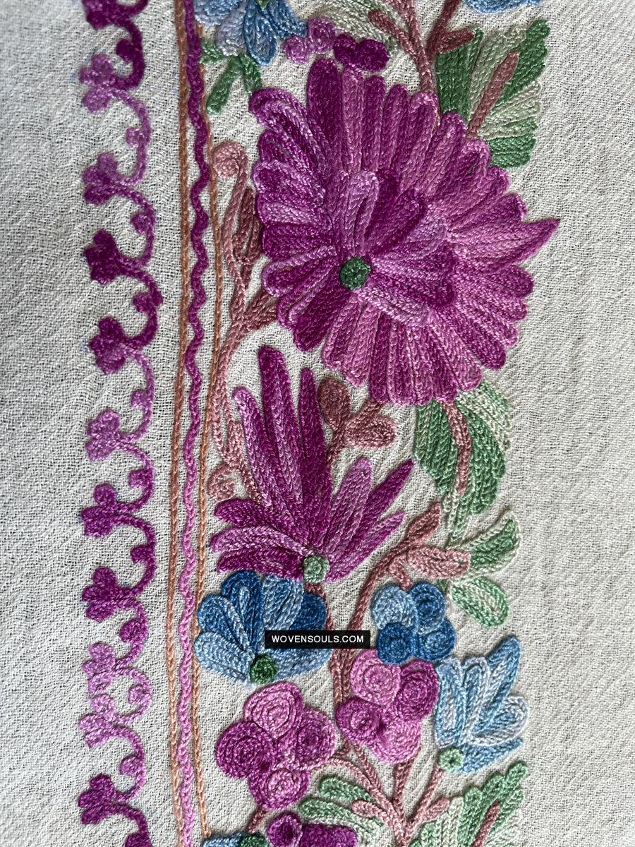1699 White Embroidered Stole Shawl from Kashmir-WOVENSOULS Antique Textiles & Art Gallery