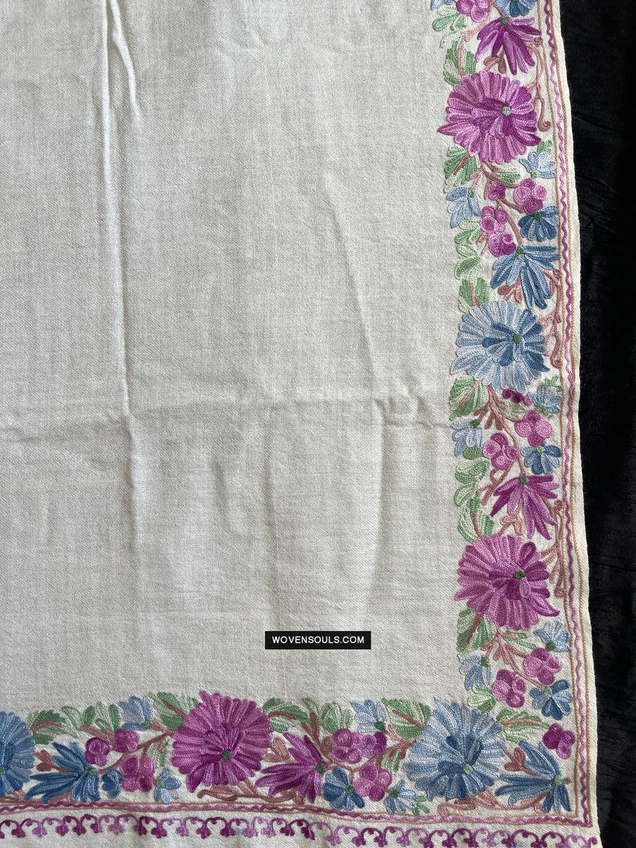 1699 White Embroidered Stole Shawl from Kashmir-WOVENSOULS Antique Textiles & Art Gallery