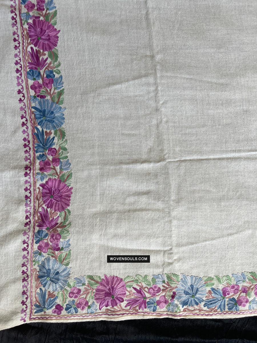 1699 White Embroidered Stole Shawl from Kashmir-WOVENSOULS Antique Textiles & Art Gallery