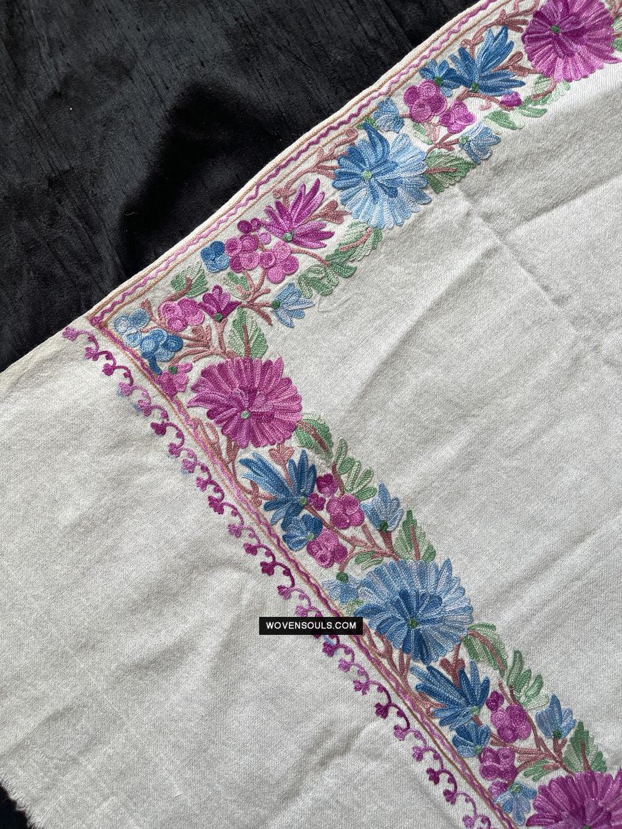 1699 White Embroidered Stole Shawl from Kashmir-WOVENSOULS Antique Textiles & Art Gallery