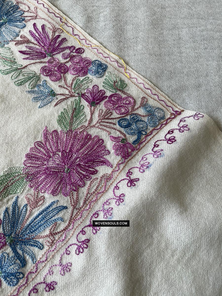 1699 White Embroidered Stole Shawl from Kashmir-WOVENSOULS Antique Textiles & Art Gallery