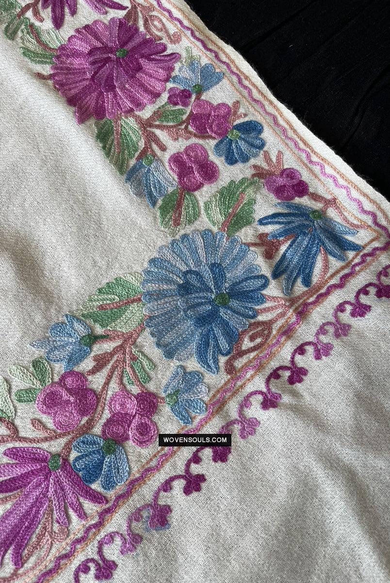 1699 White Embroidered Stole Shawl from Kashmir-WOVENSOULS Antique Textiles & Art Gallery