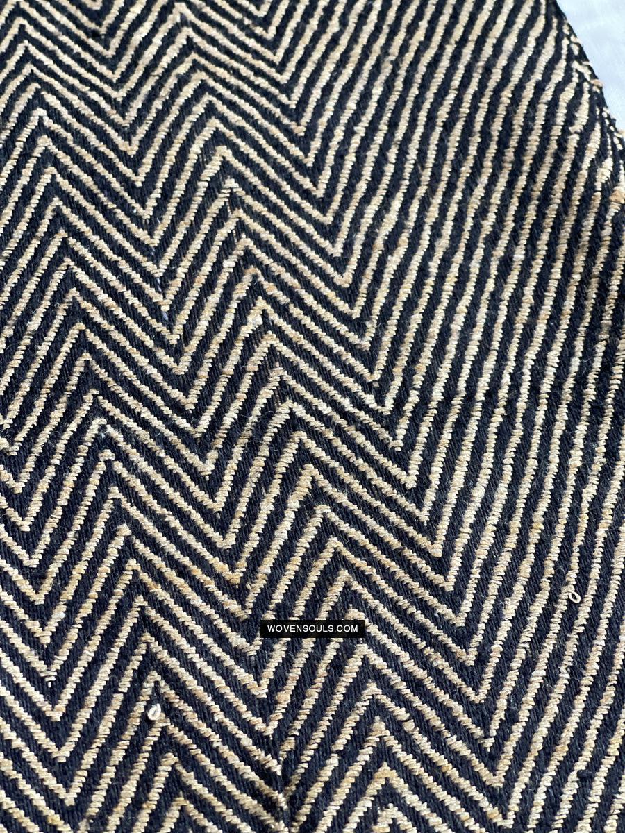 1703 Black Beige Herringbone Weave Shawl w Pashm-WOVENSOULS Antique Textiles & Art Gallery