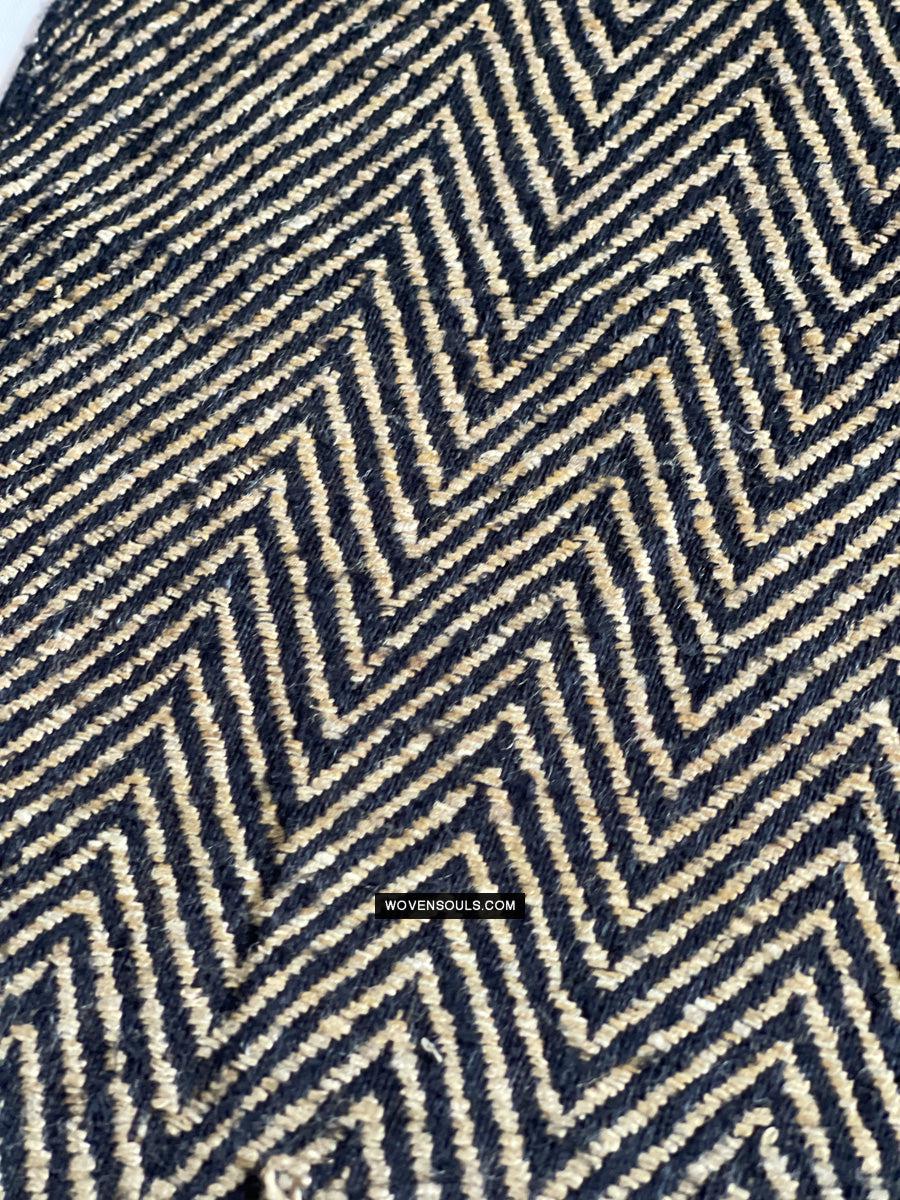 1703 Black Beige Herringbone Weave Shawl w Pashm-WOVENSOULS Antique Textiles & Art Gallery