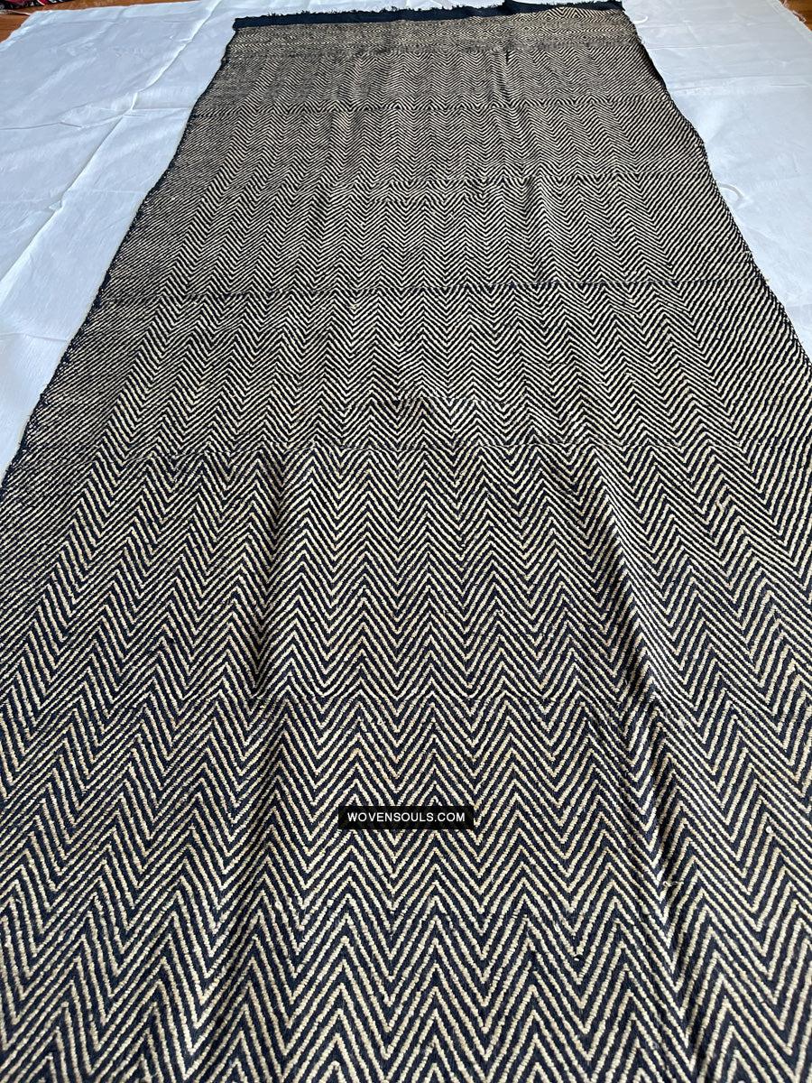 1703 Black Beige Herringbone Weave Shawl w Pashm-WOVENSOULS Antique Textiles & Art Gallery