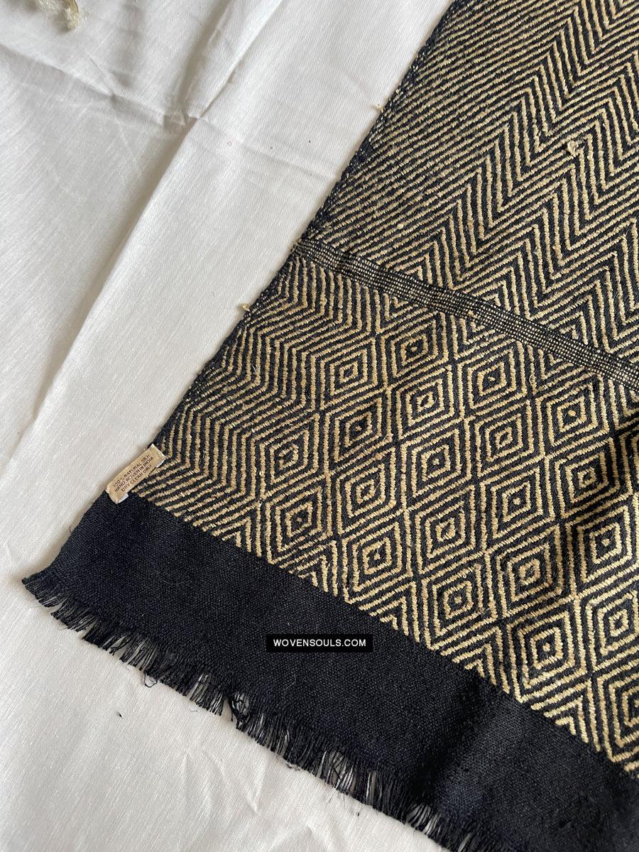1703 Black Beige Herringbone Weave Shawl w Pashm-WOVENSOULS Antique Textiles & Art Gallery