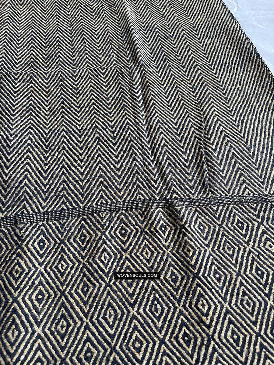 1703 Black Beige Herringbone Weave Shawl w Pashm-WOVENSOULS Antique Textiles & Art Gallery