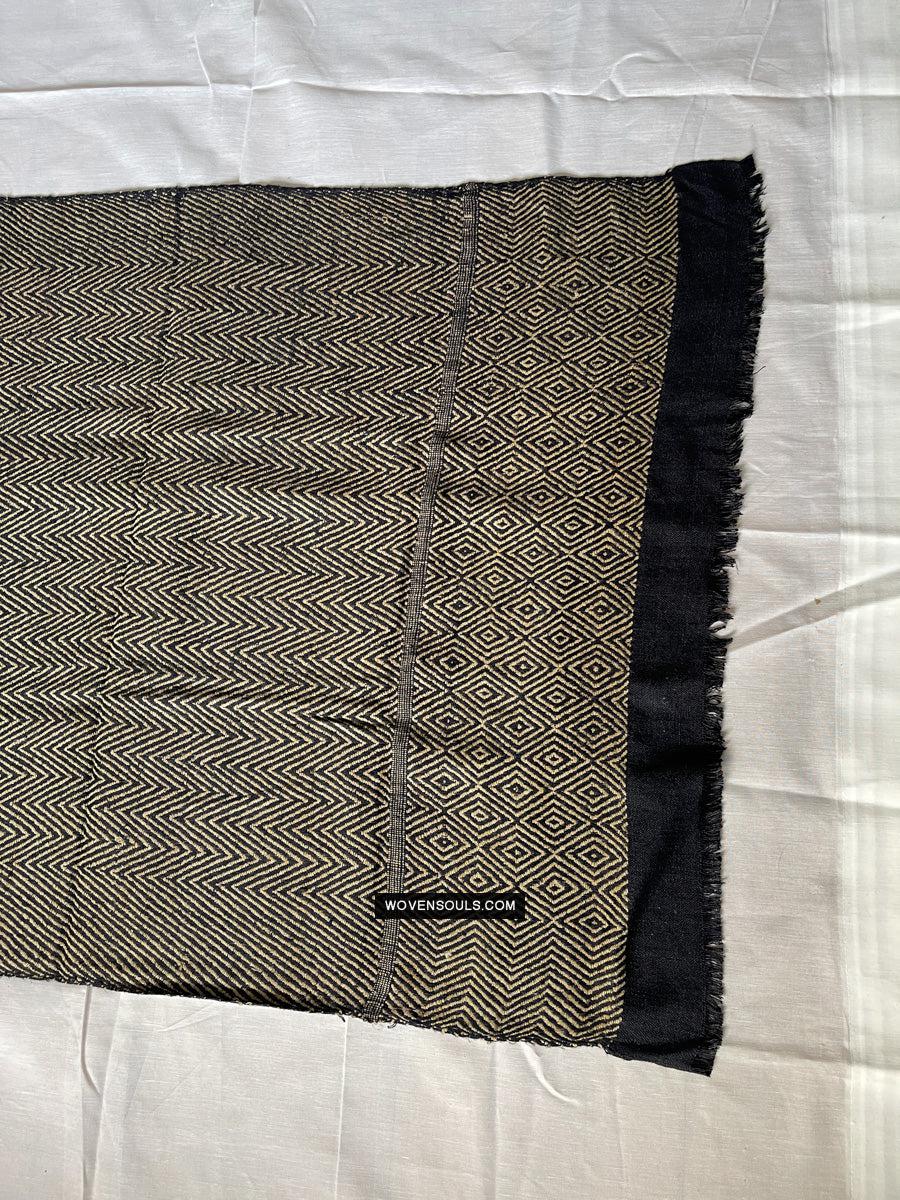 1703 Black Beige Herringbone Weave Shawl w Pashm-WOVENSOULS Antique Textiles & Art Gallery