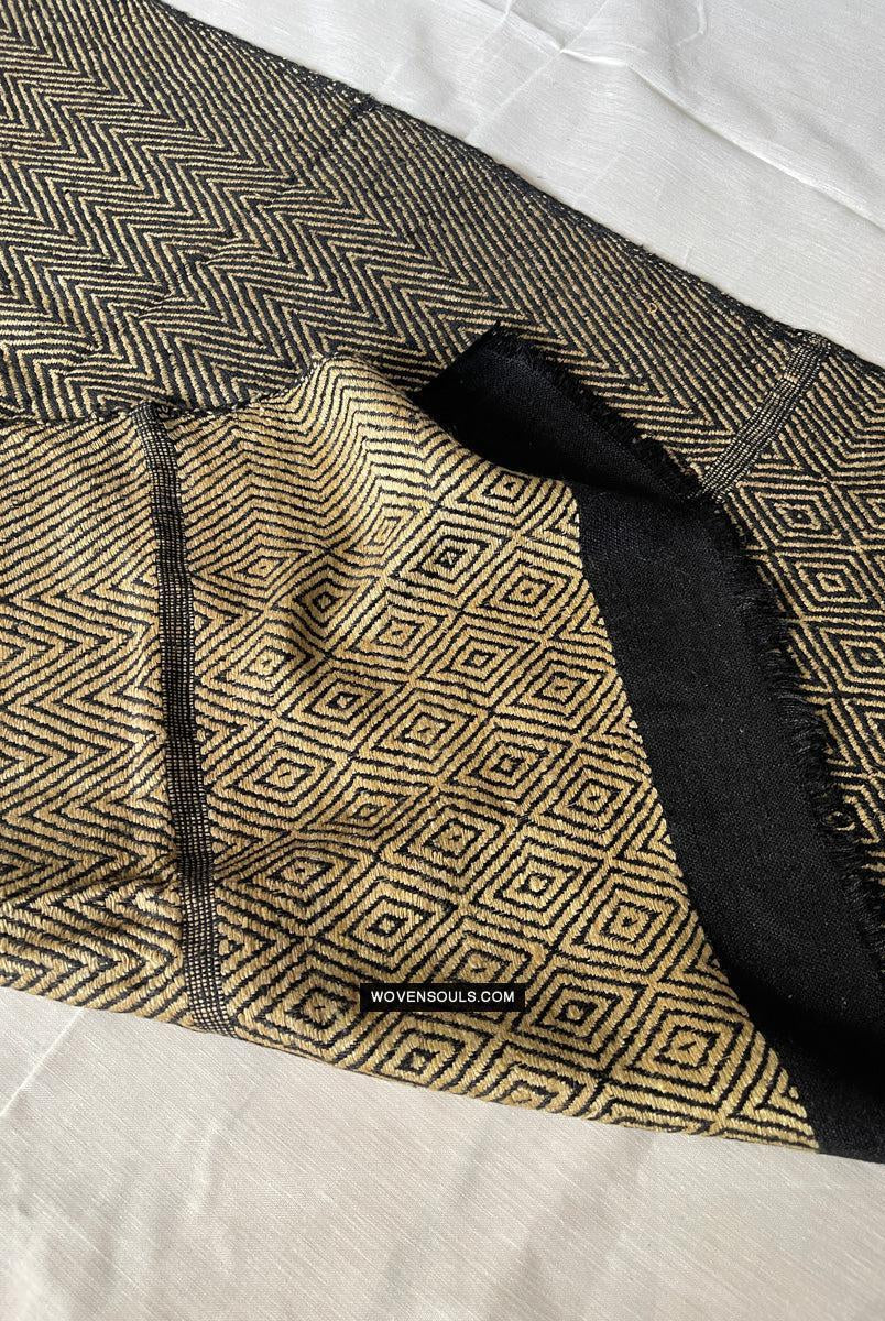 1703 Black Beige Herringbone Weave Shawl w Pashm-WOVENSOULS Antique Textiles & Art Gallery