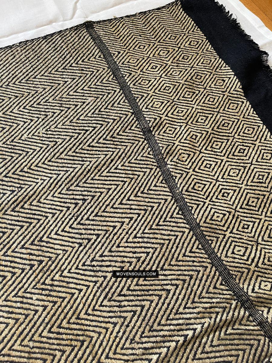 1703 Black Beige Herringbone Weave Shawl w Pashm-WOVENSOULS Antique Textiles & Art Gallery