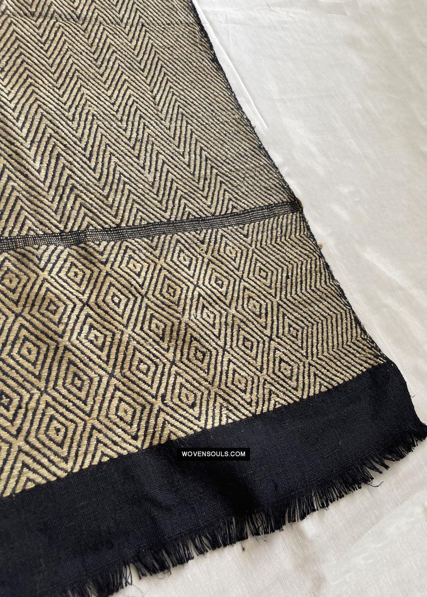 1703 Black Beige Herringbone Weave Shawl w Pashm-WOVENSOULS Antique Textiles & Art Gallery