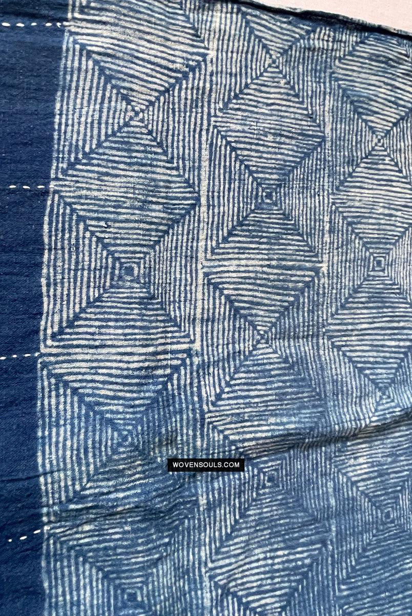 1706 Indigo Stole with Geometric Batik Print-WOVENSOULS Antique Textiles & Art Gallery