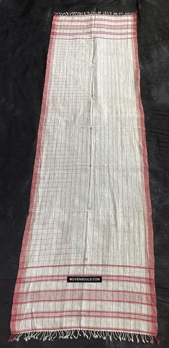 1707 White Handloom Cotton Stole with Geometric Weave-WOVENSOULS Antique Textiles & Art Gallery