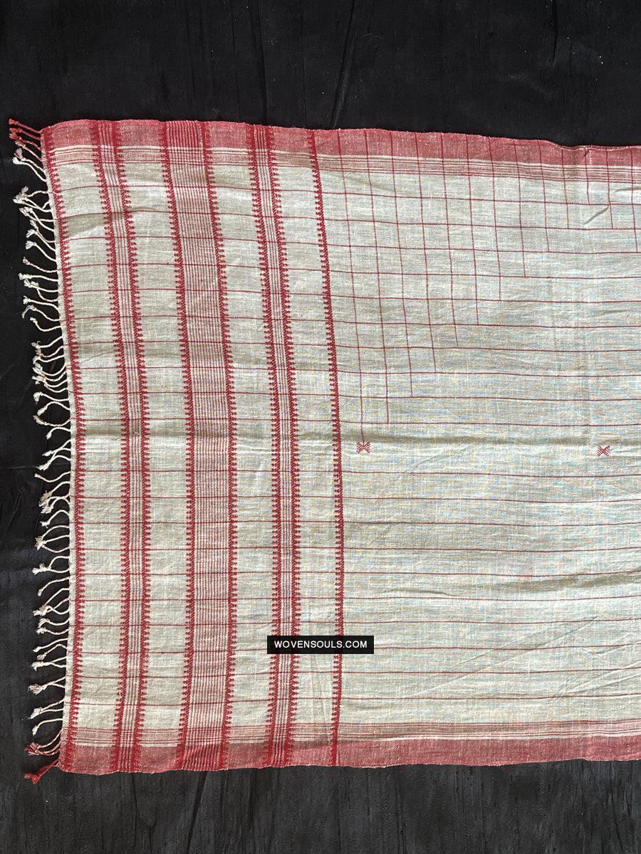 1707 White Handloom Cotton Stole with Geometric Weave-WOVENSOULS Antique Textiles & Art Gallery