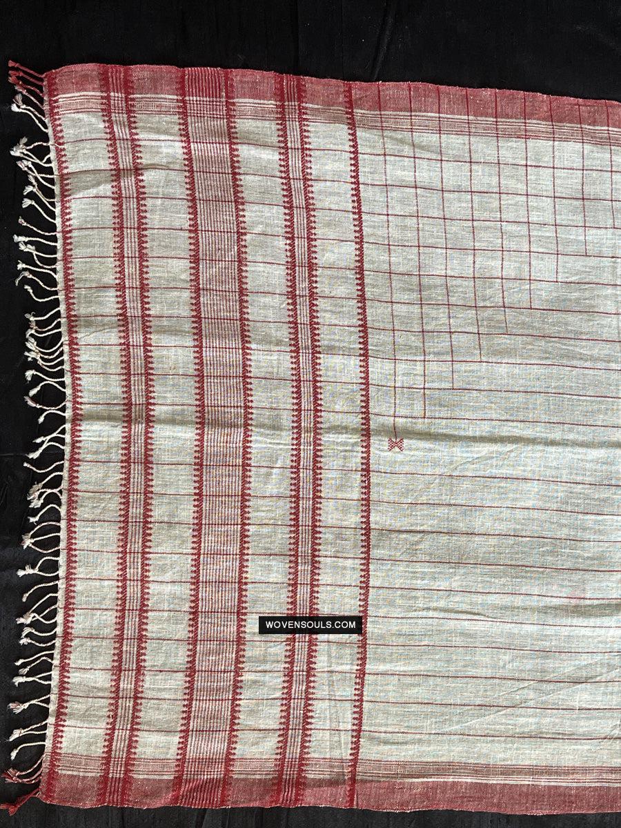 1707 White Handloom Cotton Stole with Geometric Weave-WOVENSOULS Antique Textiles & Art Gallery