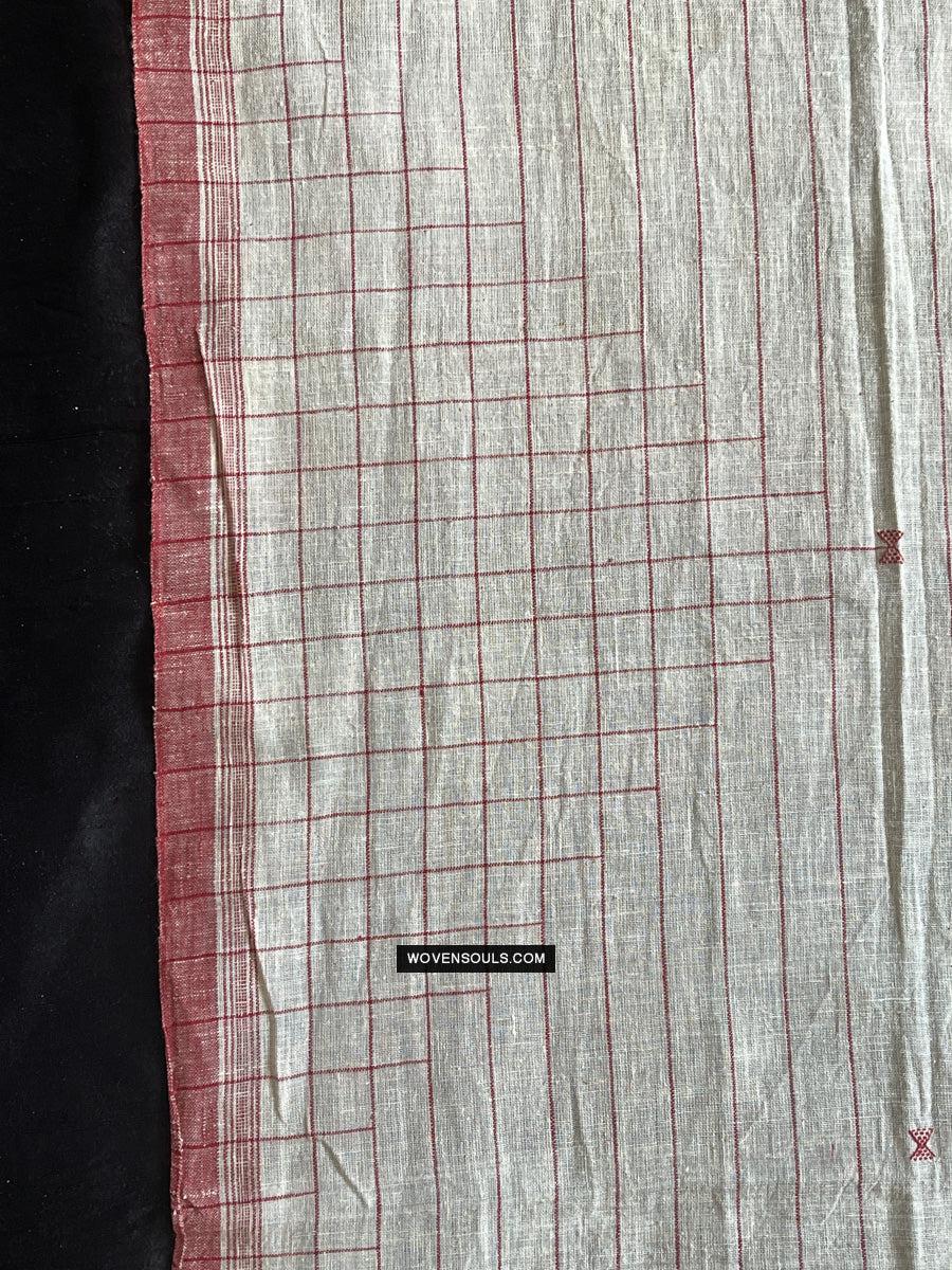 1707 White Handloom Cotton Stole with Geometric Weave-WOVENSOULS Antique Textiles & Art Gallery